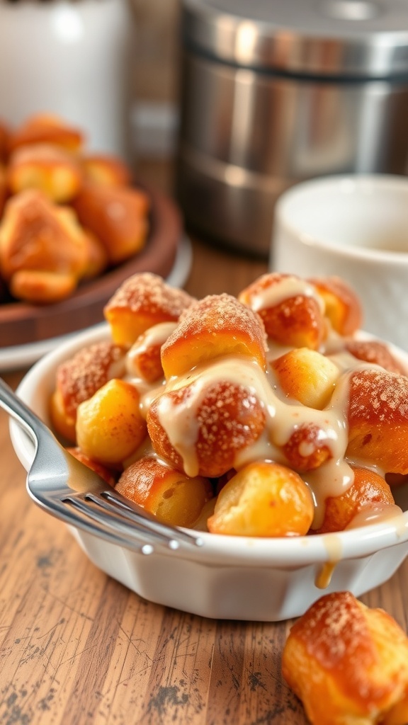 Mini monkey bread in a small dish, golden brown and drizzled with glaze, ready to be served.
